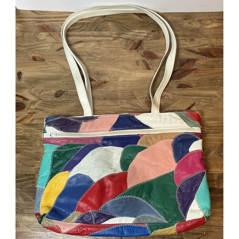Vintage Genuine Leather Patchwork Tote Bag Multicolor Colorblock Shoulder Purse